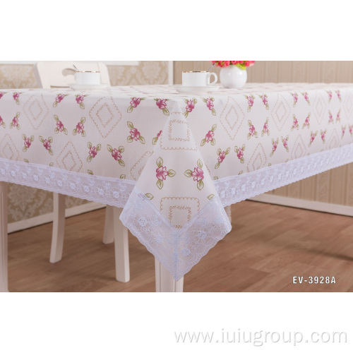 Floral Print PEVA Tablecloth with Lace Edge